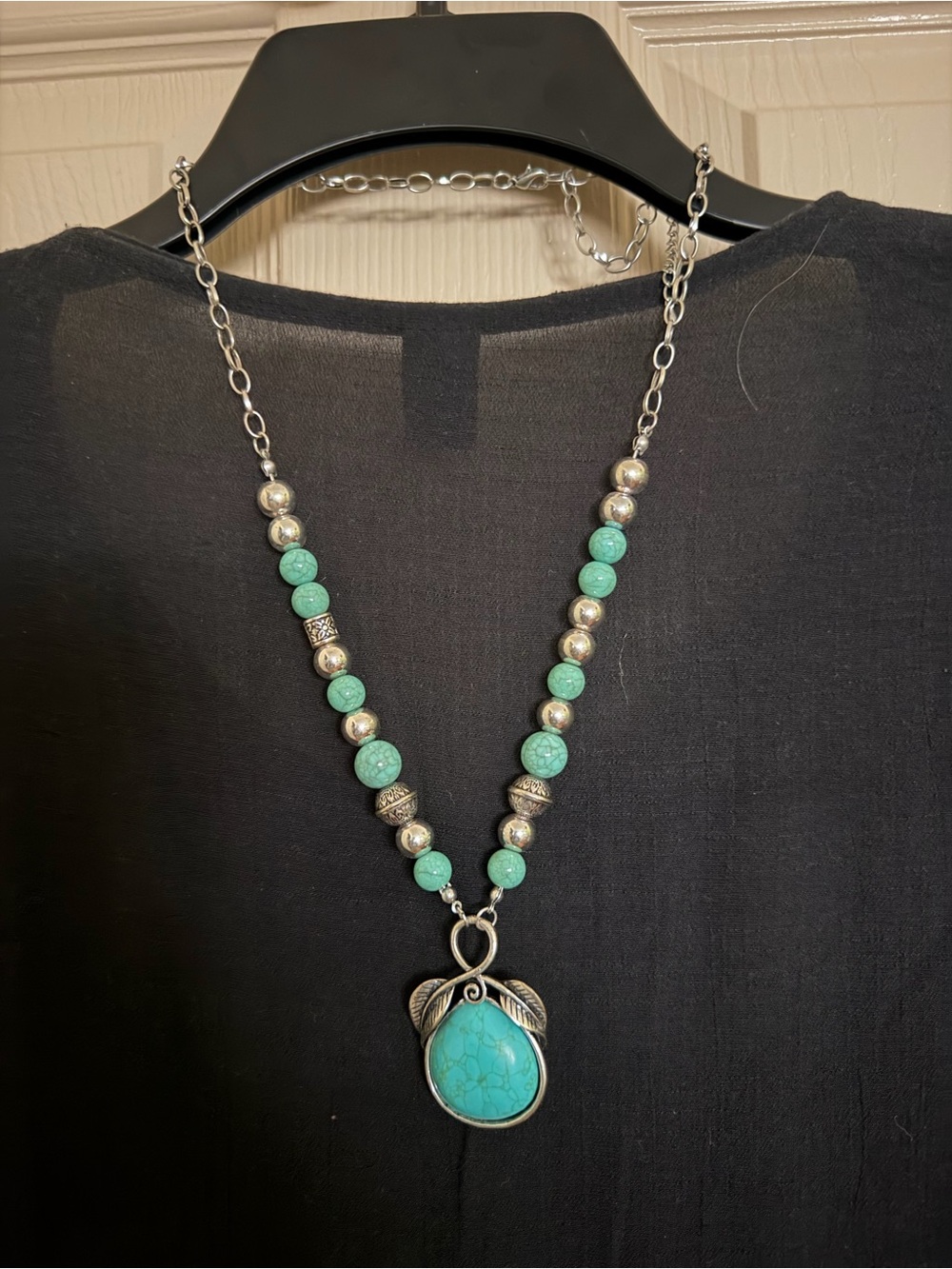 Turquoise Bead Pendant Necklace - Silver-Tone Accents